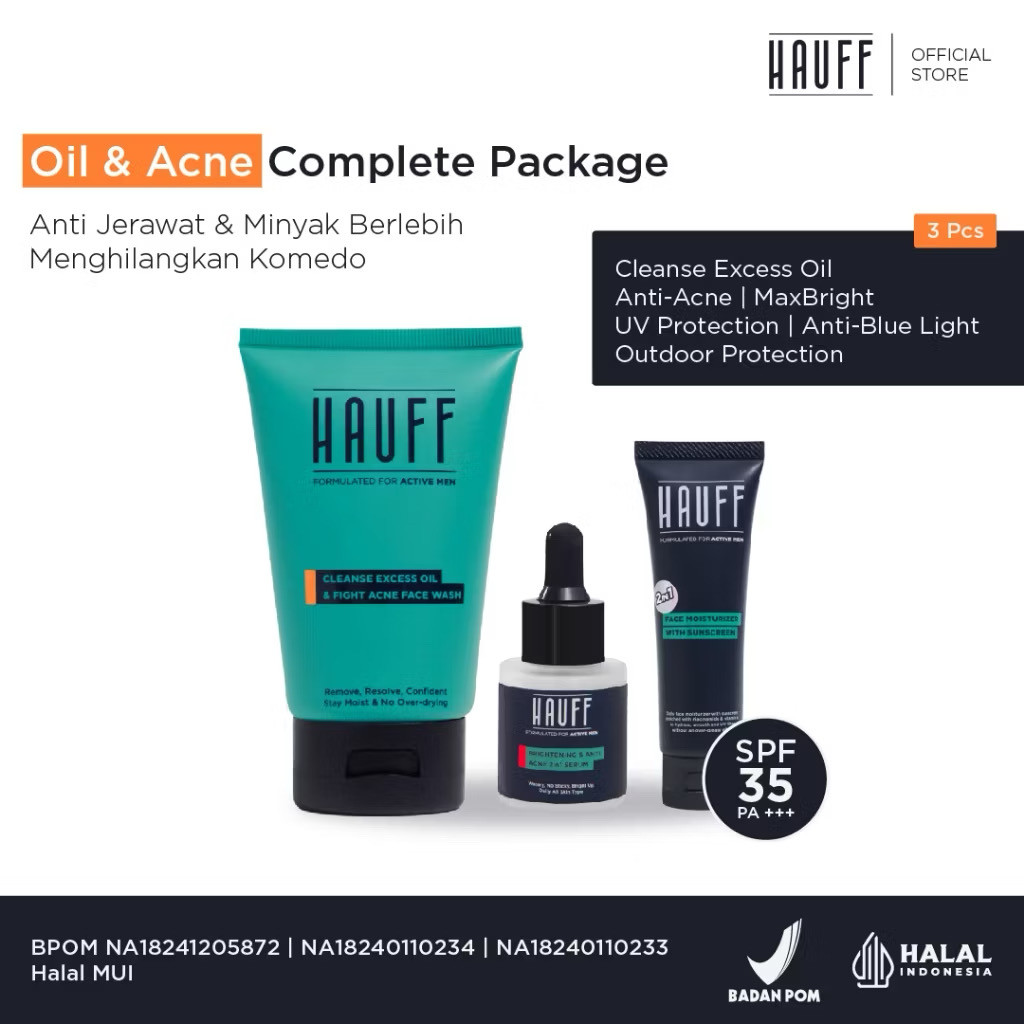 ￼HAUFF Oil & Acne Complete Package | Complete Men's Skincare Package | Anti Acne & Excess Oil | Remove Blackheads | SPF 35 PA +++